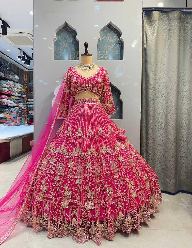 pink colour Heavy Embroidered Lehenga Set with Golden Zari and Sequin Work
