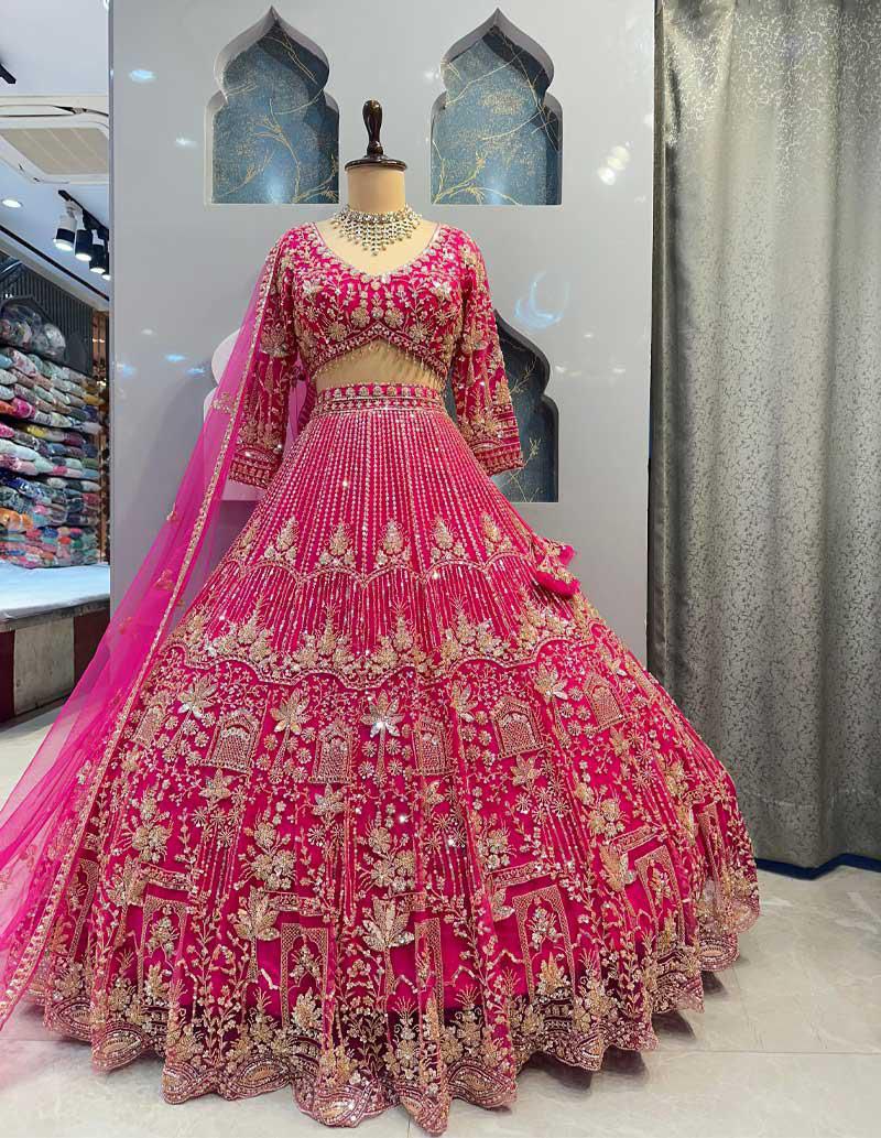 pink colour Heavy Embroidered Lehenga Set with Golden Zari and Sequin Work