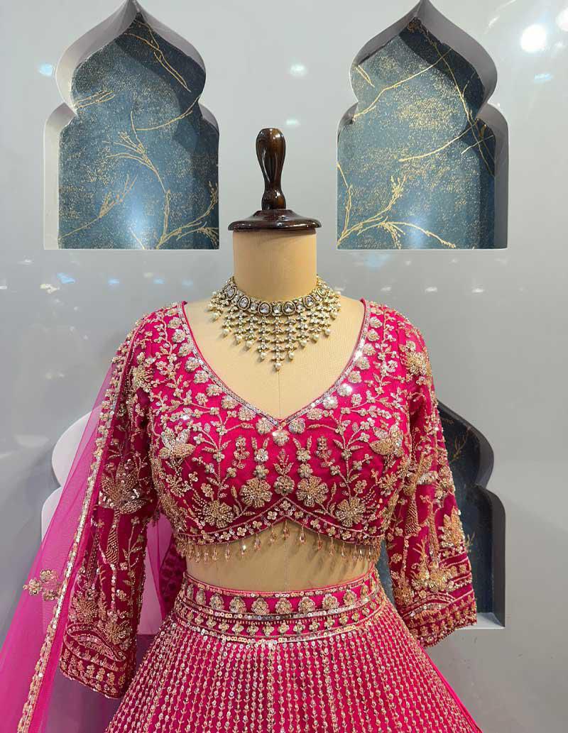 pink colour Heavy Embroidered Lehenga Set with Golden Zari and Sequin Work