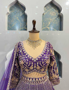 Blue colour Heavy Embroidered Lehenga Set with Golden Zari and Sequin Work