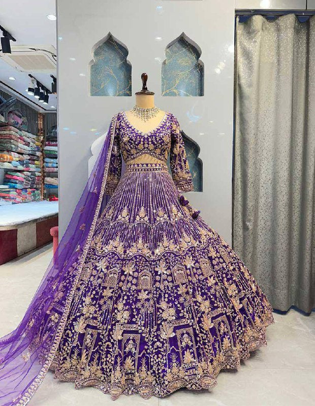 Blue colour Heavy Embroidered Lehenga Set with Golden Zari and Sequin Work
