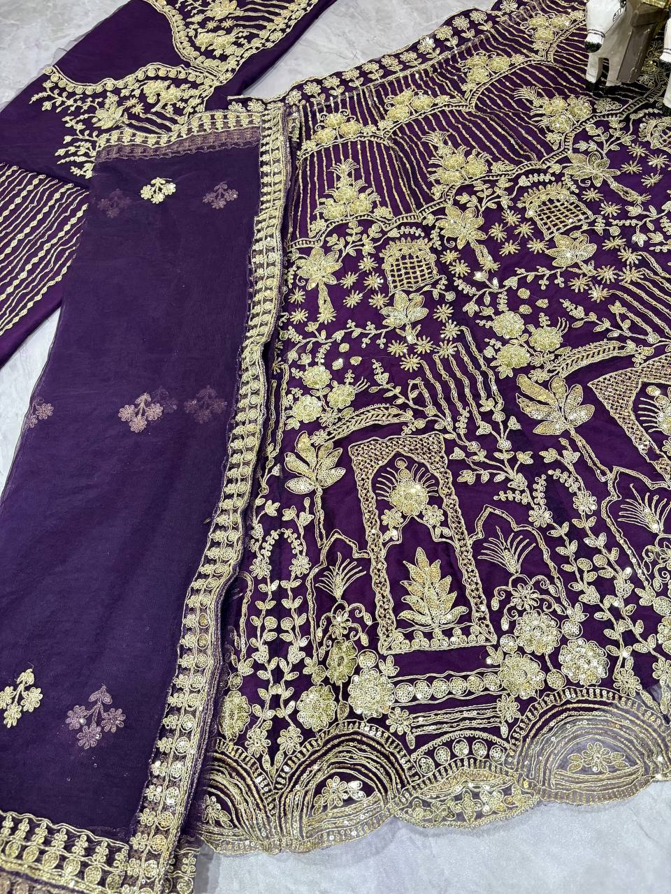 Blue colour Heavy Embroidered Lehenga Set with Golden Zari and Sequin Work