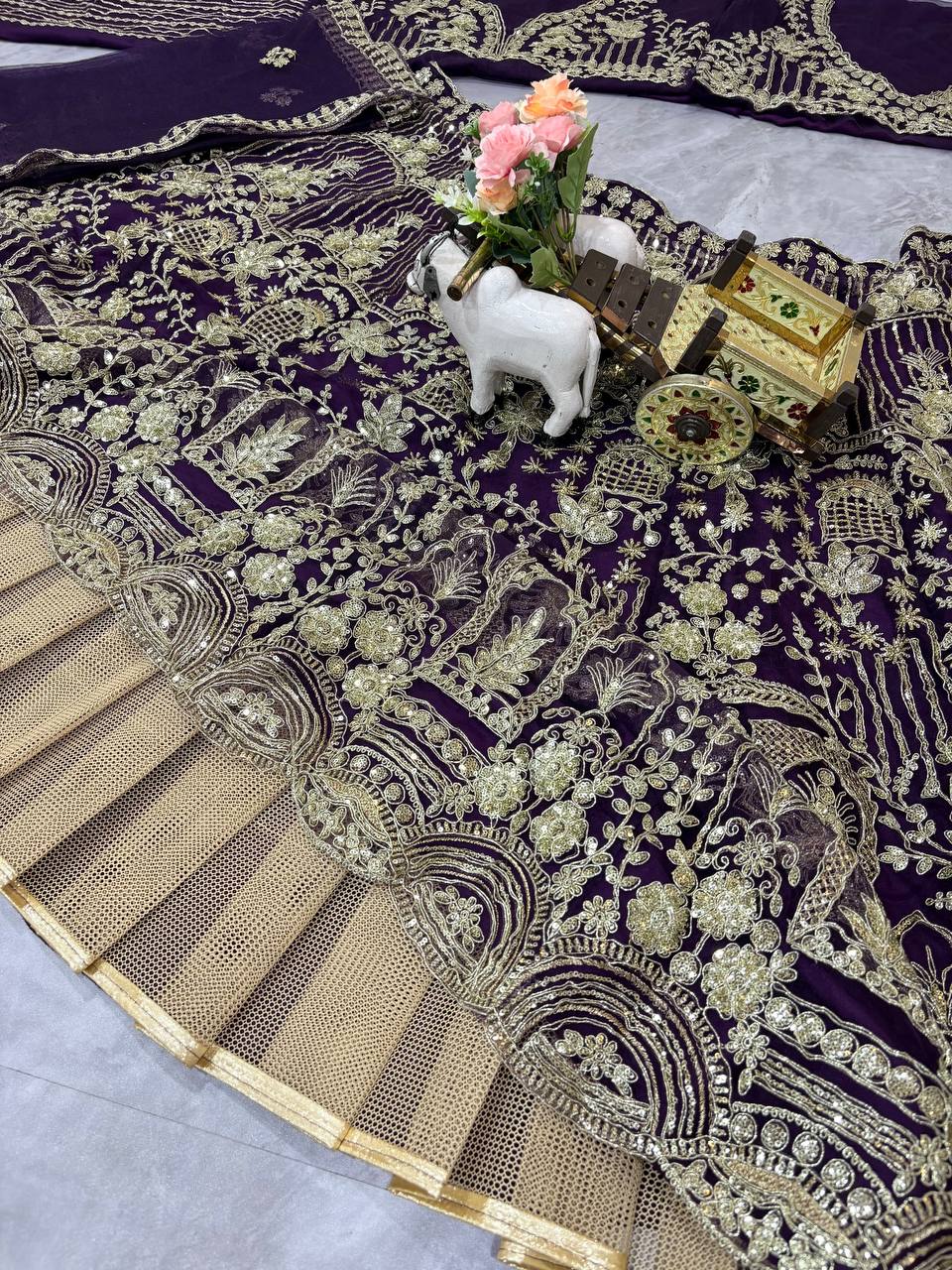 Blue colour Heavy Embroidered Lehenga Set with Golden Zari and Sequin Work