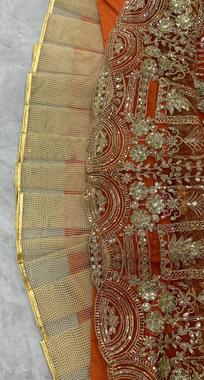 orrange colour Heavy Embroidered Lehenga Set with Golden Zari and Sequin Work