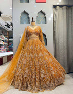 musturd colour Heavy Embroidered Lehenga Set with Golden Zari and Sequin Work