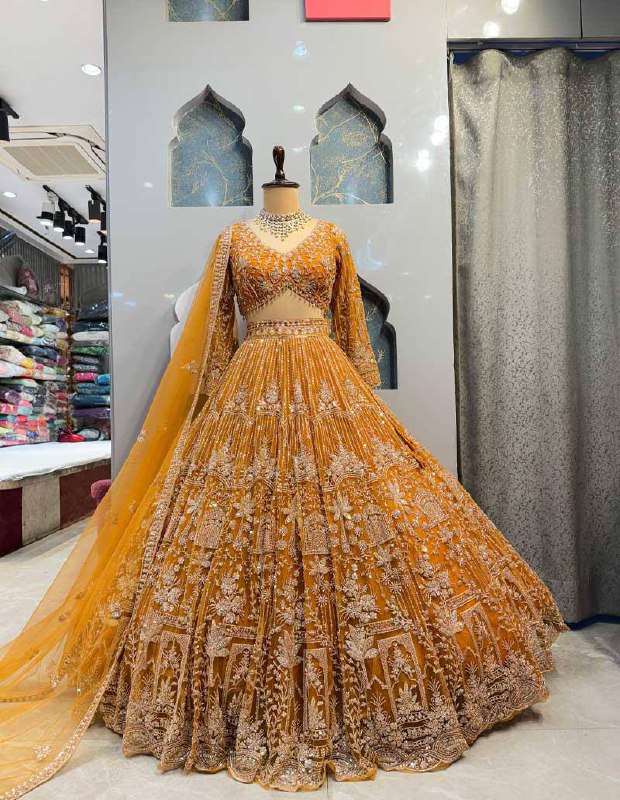 musturd colour Heavy Embroidered Lehenga Set with Golden Zari and Sequin Work