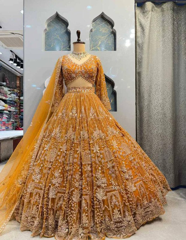 musturd colour Heavy Embroidered Lehenga Set with Golden Zari and Sequin Work