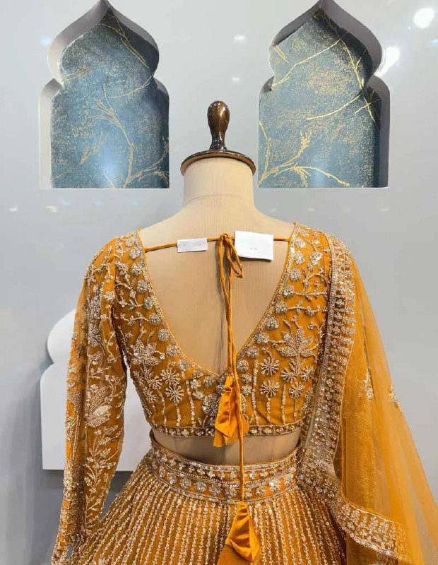 musturd colour Heavy Embroidered Lehenga Set with Golden Zari and Sequin Work