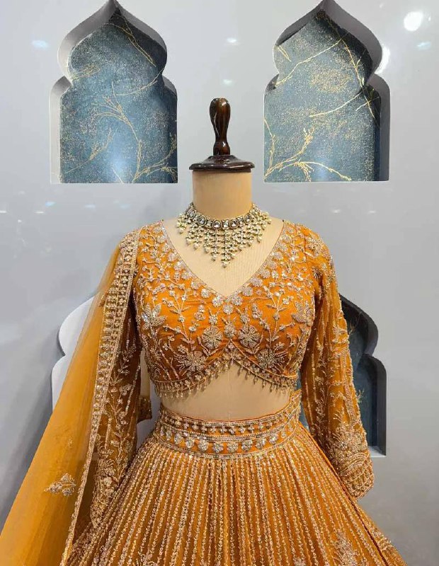 musturd colour Heavy Embroidered Lehenga Set with Golden Zari and Sequin Work