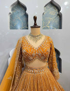 musturd colour Heavy Embroidered Lehenga Set with Golden Zari and Sequin Work