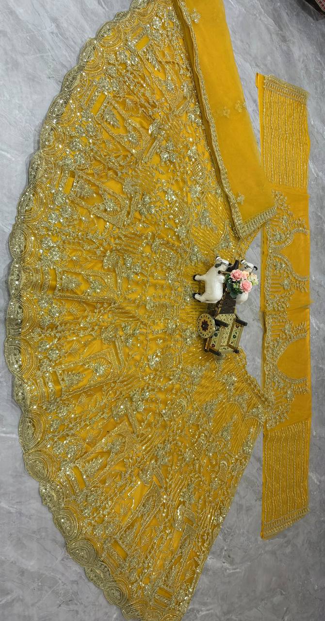 musturd colour Heavy Embroidered Lehenga Set with Golden Zari and Sequin Work