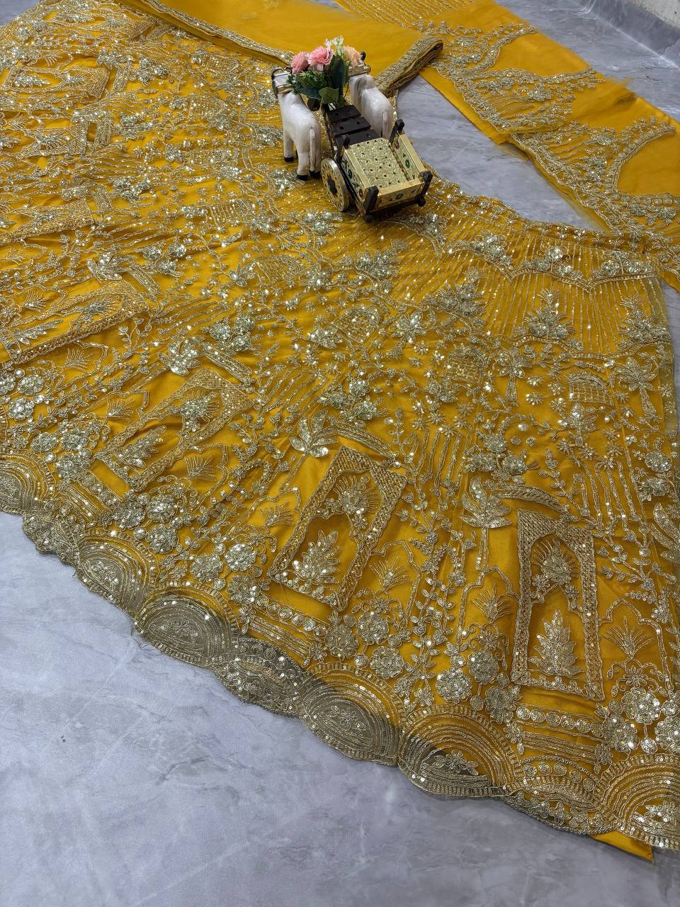 musturd colour Heavy Embroidered Lehenga Set with Golden Zari and Sequin Work