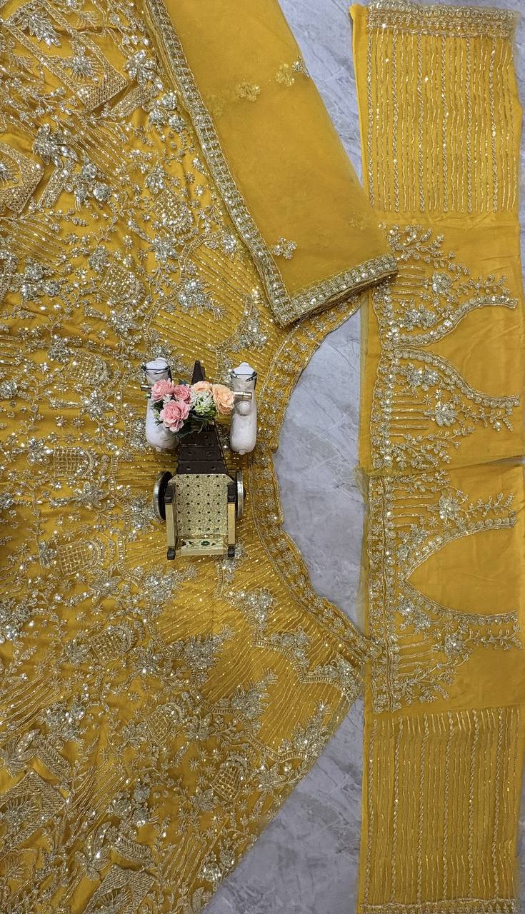 musturd colour Heavy Embroidered Lehenga Set with Golden Zari and Sequin Work