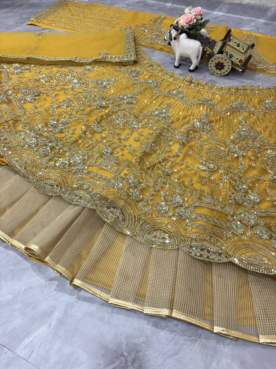 musturd colour Heavy Embroidered Lehenga Set with Golden Zari and Sequin Work