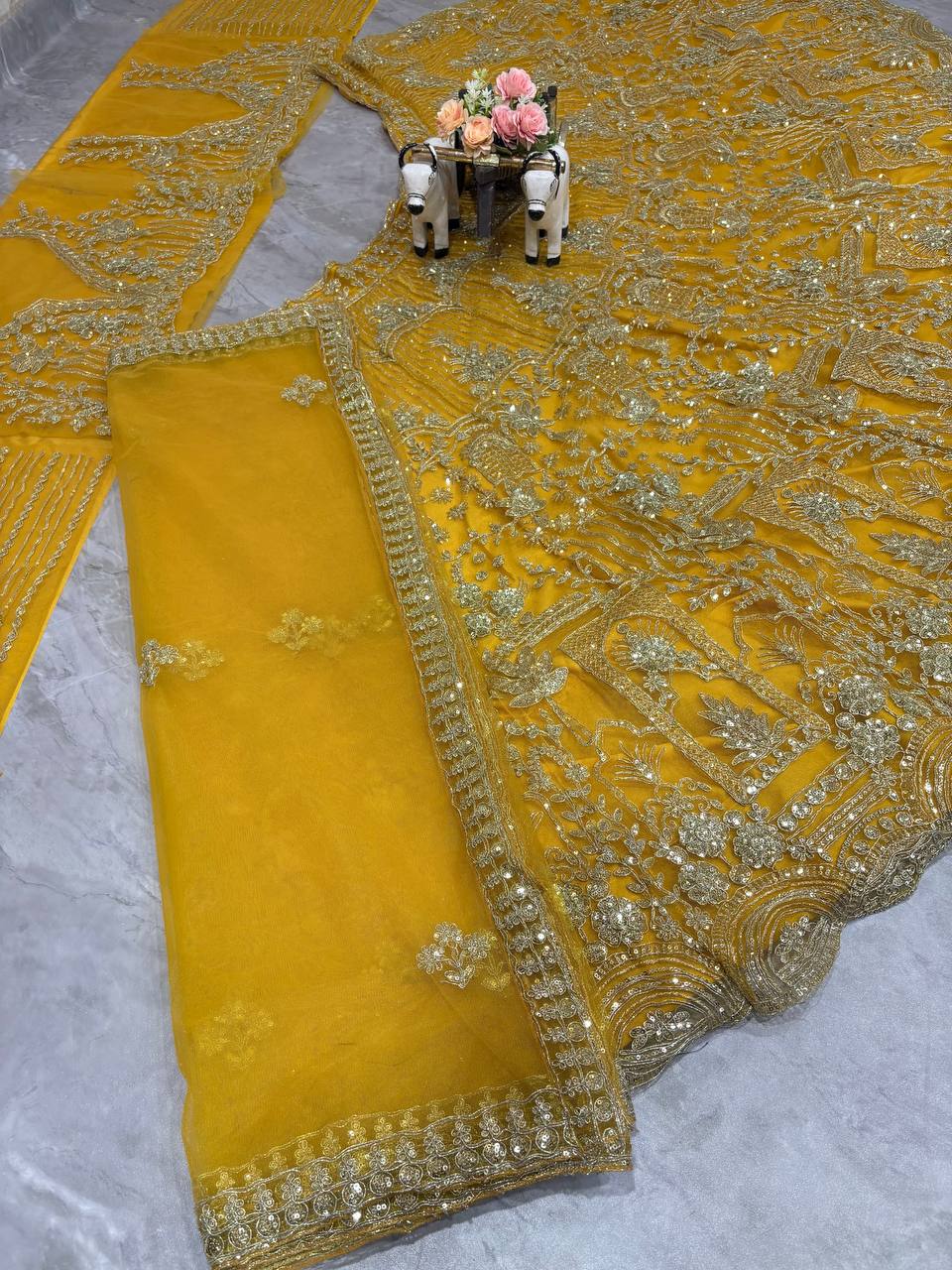 musturd colour Heavy Embroidered Lehenga Set with Golden Zari and Sequin Work