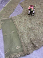 pista colour Heavy Embroidered Lehenga Set with Golden Zari and Sequin Work