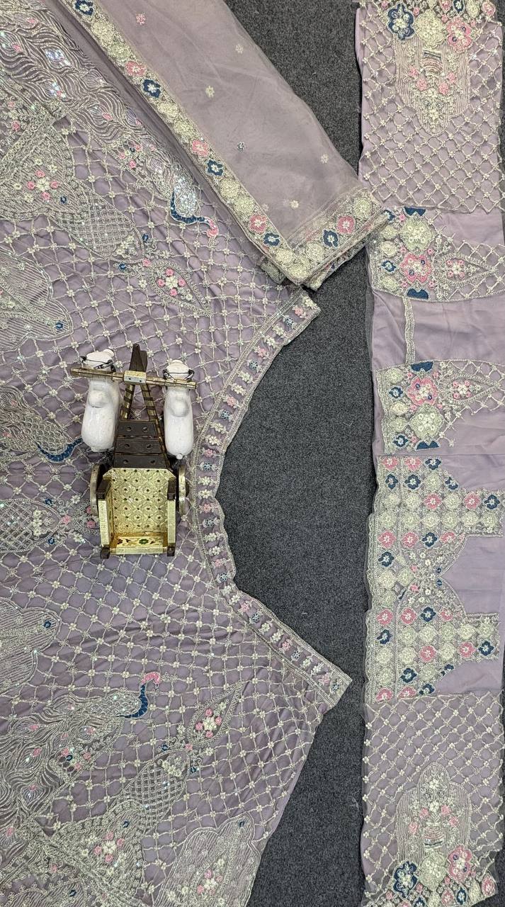 Royal Lavender Peacock Embroidered Lehenga Fabric