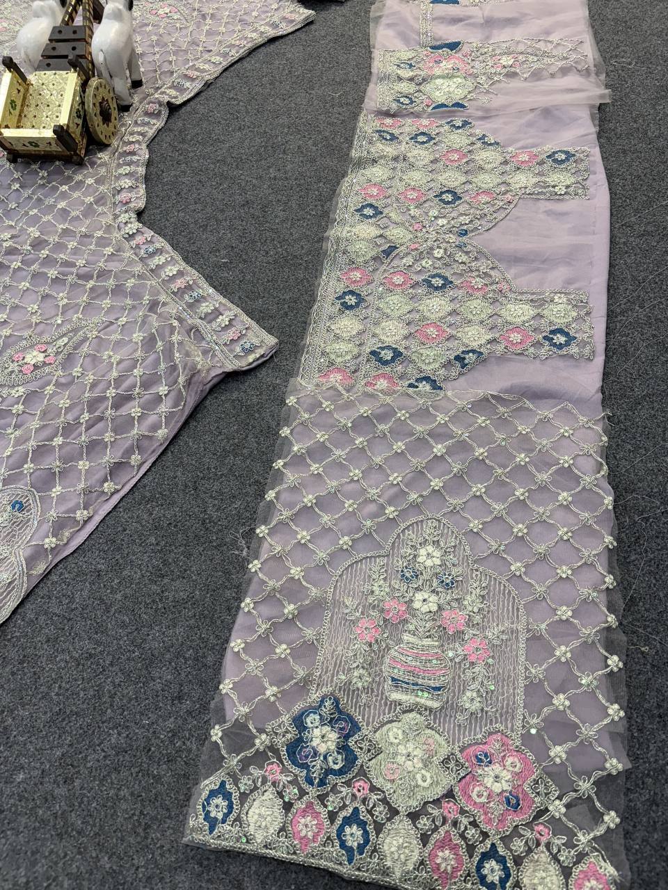 Royal Lavender Peacock Embroidered Lehenga Fabric