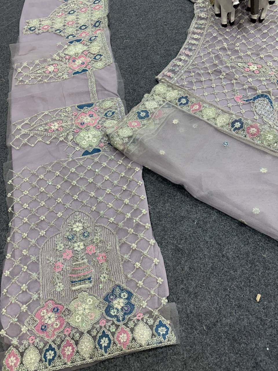 Royal Lavender Peacock Embroidered Lehenga Fabric