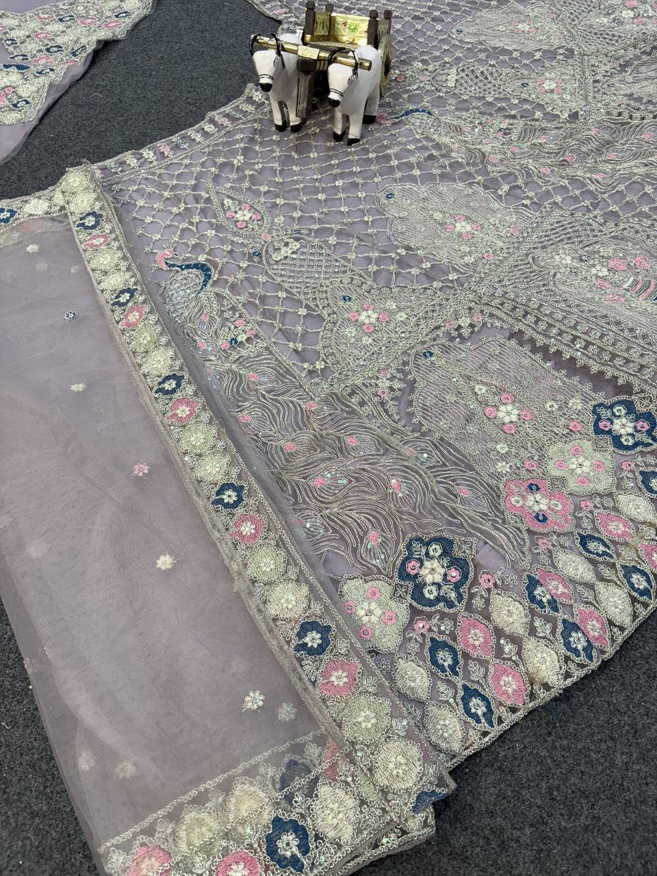 Royal Lavender Peacock Embroidered Lehenga Fabric