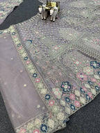 Royal Lavender Peacock Embroidered Lehenga Fabric