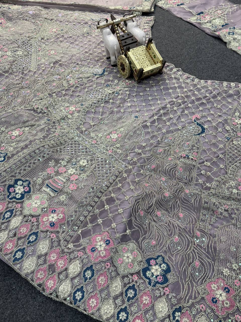 Royal Lavender Peacock Embroidered Lehenga Fabric