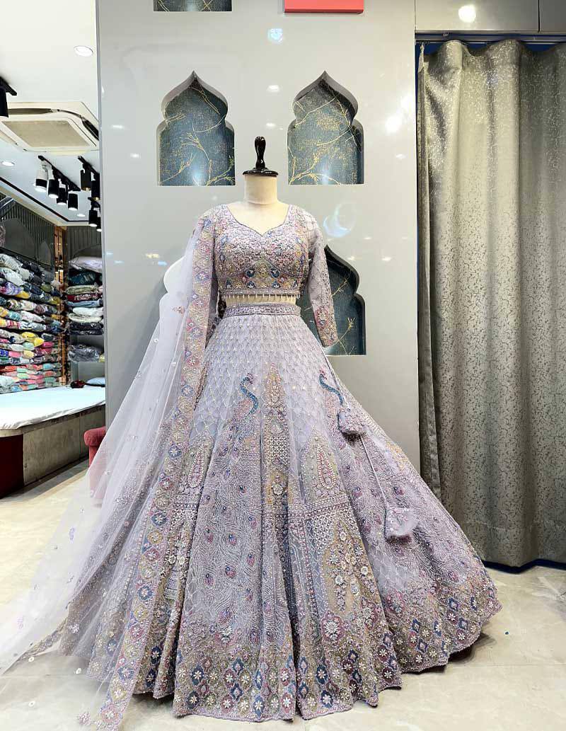 Royal Lavender Peacock Embroidered Lehenga Fabric