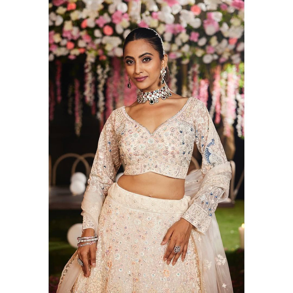 Soft Net Peacock Embroidered Lehenga Choli with Sequins & Floral Work