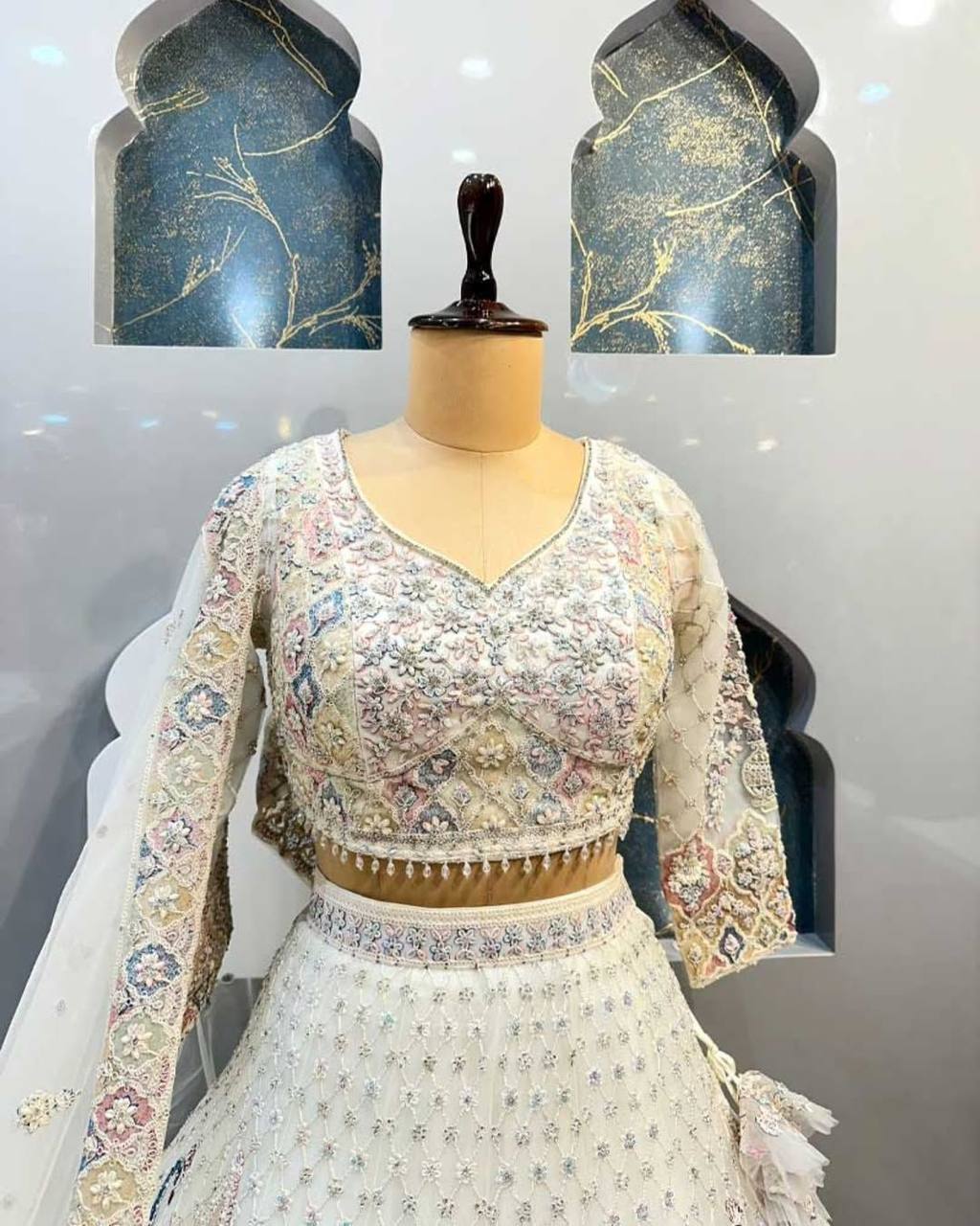 Off-White Peacock Embroidered Lehenga Set with Sequin and Thread Work