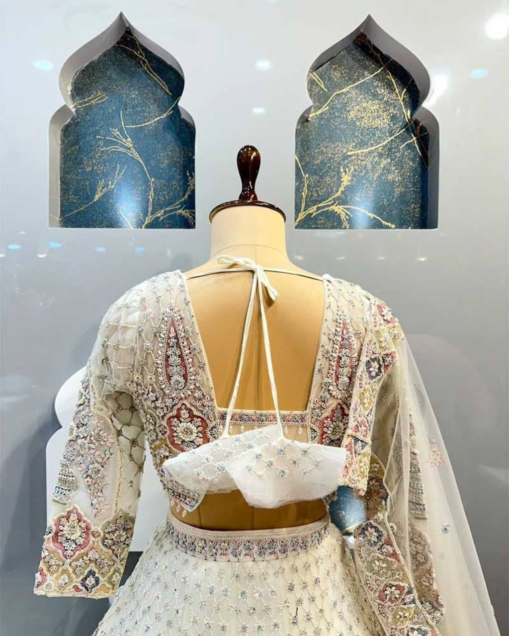 Off-White Peacock Embroidered Lehenga Set with Sequin and Thread Work