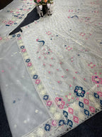 Off-White Peacock Embroidered Lehenga Set with Sequin and Thread Work