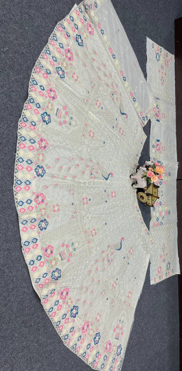 Off-White Peacock Embroidered Lehenga Set with Sequin and Thread Work