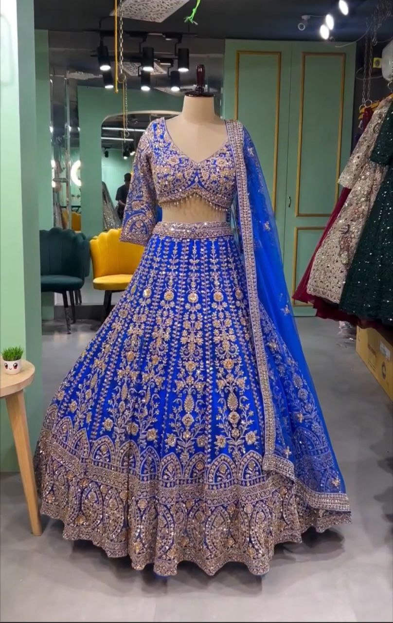 Royal Blue Golden Zari Embroidered Velvet Lehenga Set