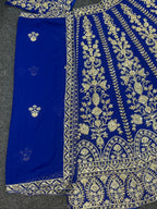 Royal Blue Golden Zari Embroidered Velvet Lehenga Set