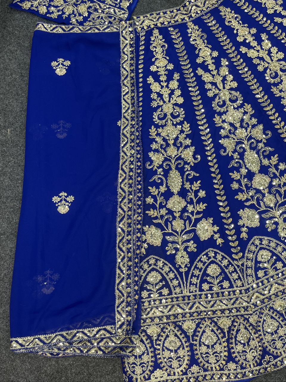Royal Blue Golden Zari Embroidered Velvet Lehenga Set