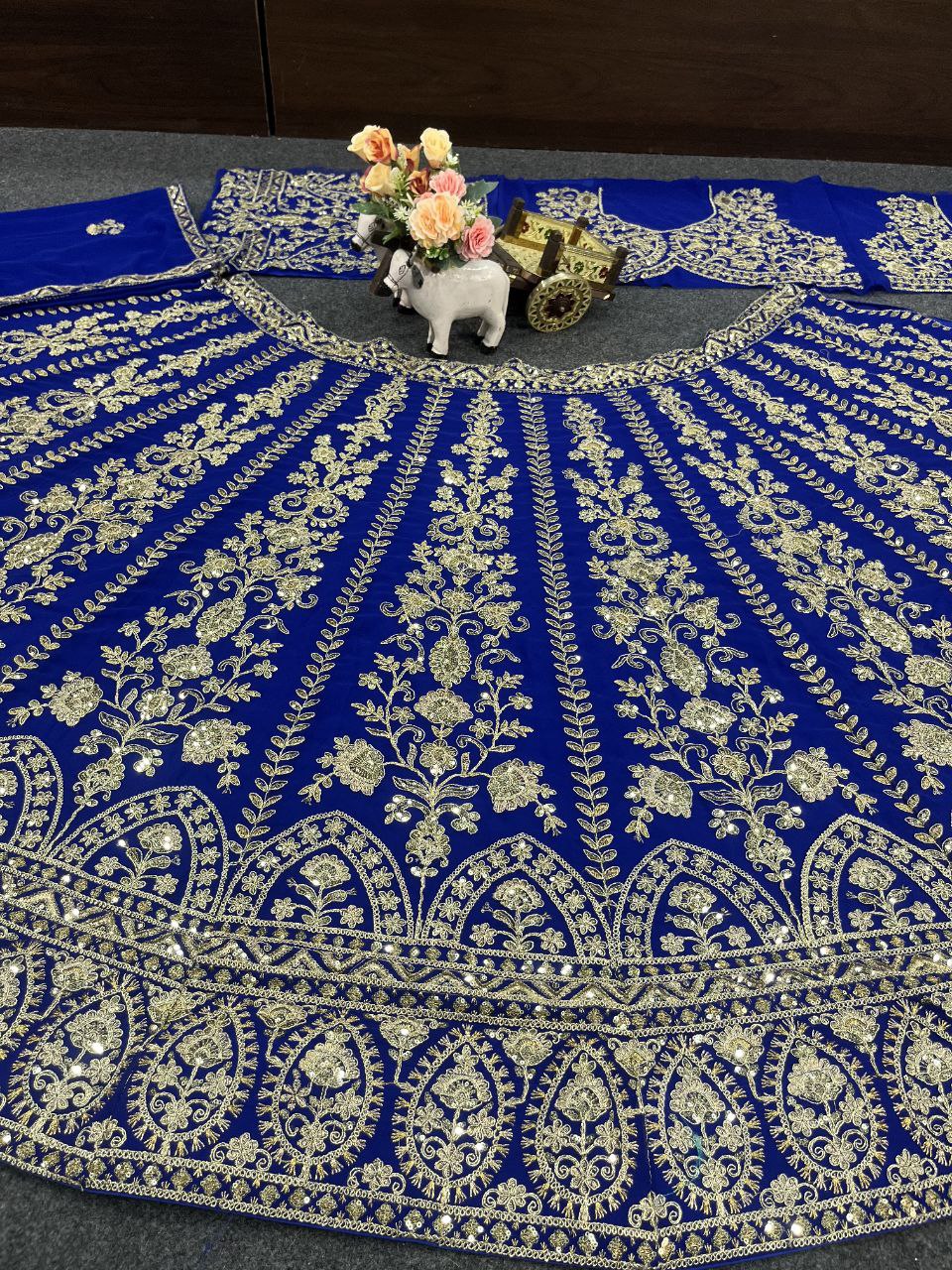 Royal Blue Golden Zari Embroidered Velvet Lehenga Set