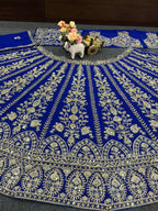 Royal Blue Golden Zari Embroidered Velvet Lehenga Set
