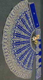 Royal Blue Golden Zari Embroidered Velvet Lehenga Set