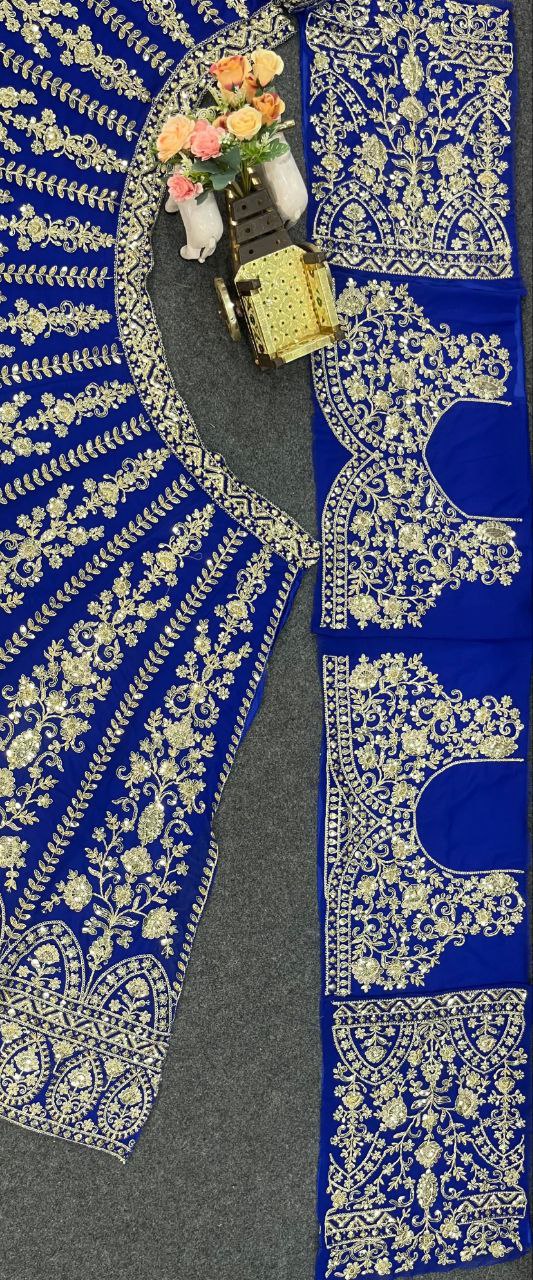 Royal Blue Golden Zari Embroidered Velvet Lehenga Set