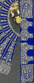 Royal Blue Golden Zari Embroidered Velvet Lehenga Set