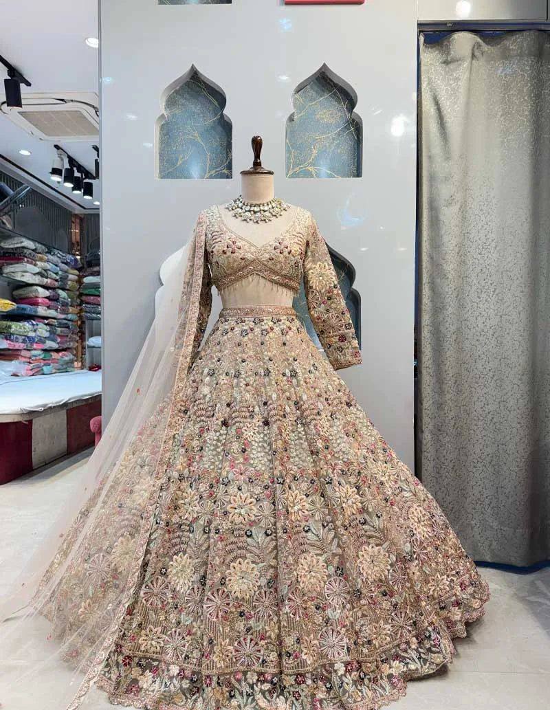 “Soft Net Embroidered Lehenga with Sequins & Thread Work – Length 42, Blouse up to 5XL” chiku