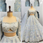 Silver Grey Mirror and Thread Embroidered Silk Lehenga Set