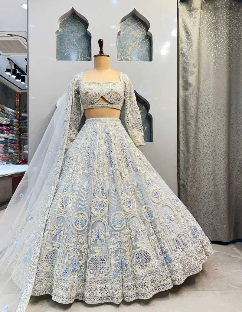Silver Grey Mirror and Thread Embroidered Silk Lehenga Set