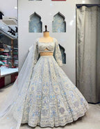 Silver Grey Mirror and Thread Embroidered Silk Lehenga Set