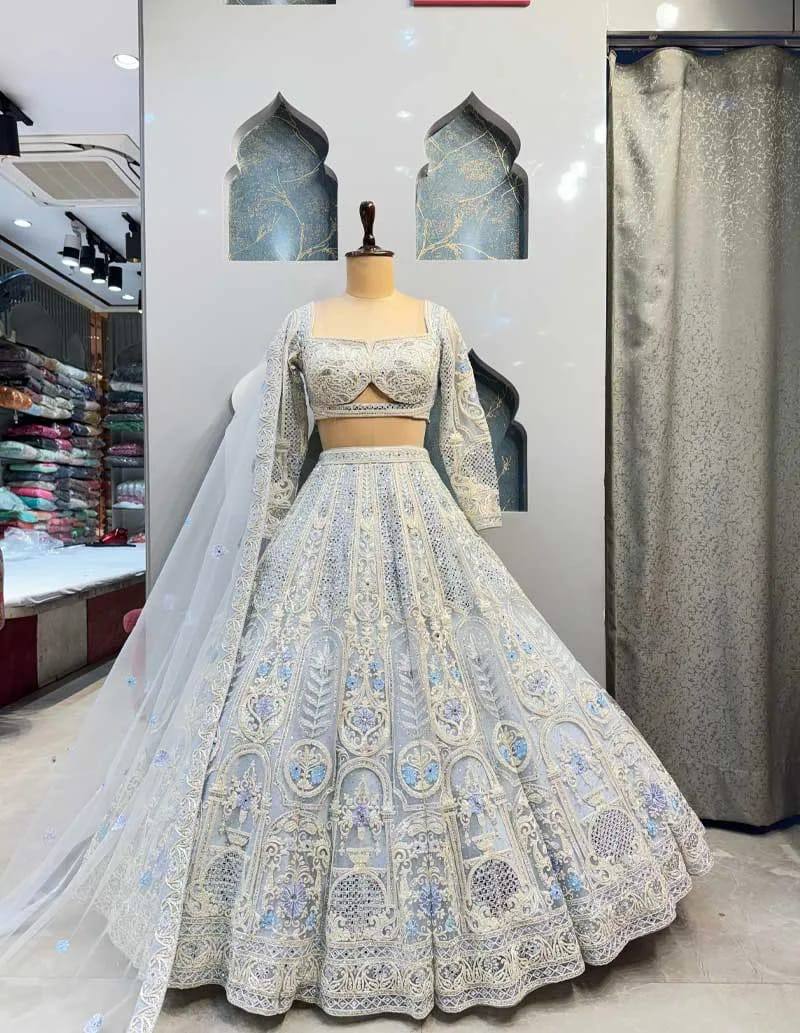 Silver Grey Mirror and Thread Embroidered Silk Lehenga Set