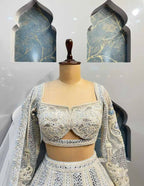 Silver Grey Mirror and Thread Embroidered Silk Lehenga Set