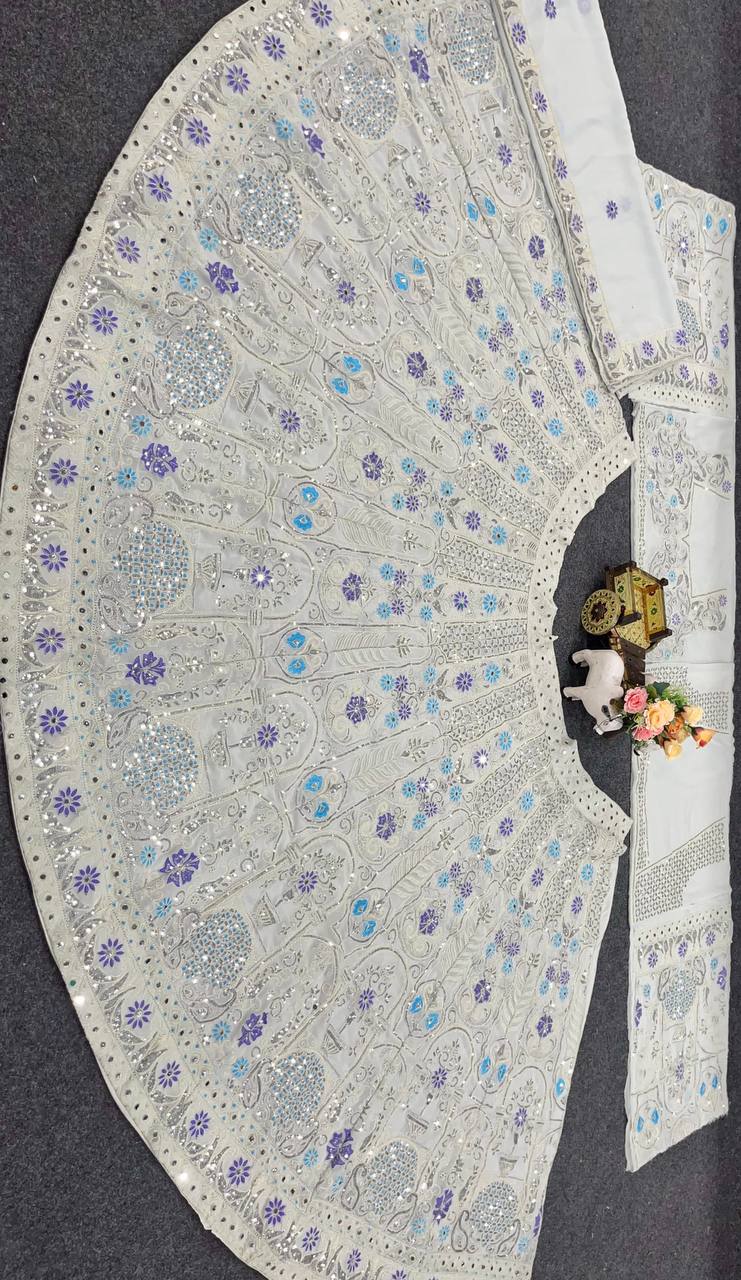 Silver Grey Mirror and Thread Embroidered Silk Lehenga Set