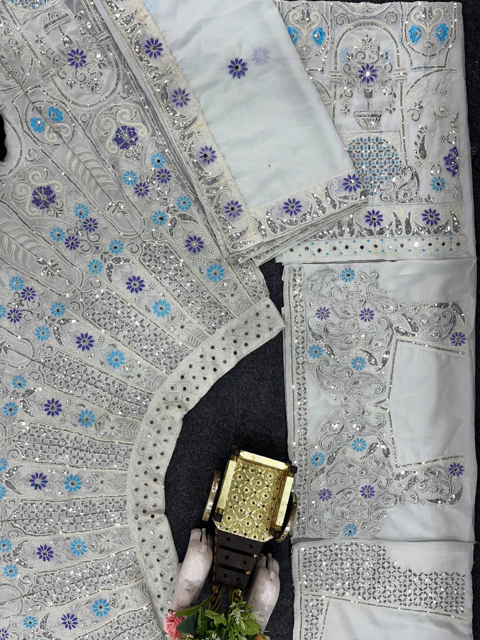Silver Grey Mirror and Thread Embroidered Silk Lehenga Set