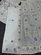 Silver Grey Mirror and Thread Embroidered Silk Lehenga Set