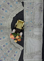 Silver Grey Mirror and Thread Embroidered Silk Lehenga Set